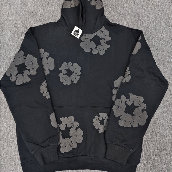 Black Hoodie with Gray Floral Appliqué